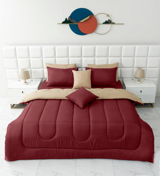 8 PCs Winter Comforter Set-Maroon Over Beige Comforters Apricot