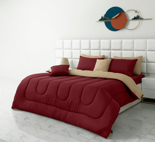 8 PCs Winter Comforter Set-Maroon Over Beige Comforters Apricot