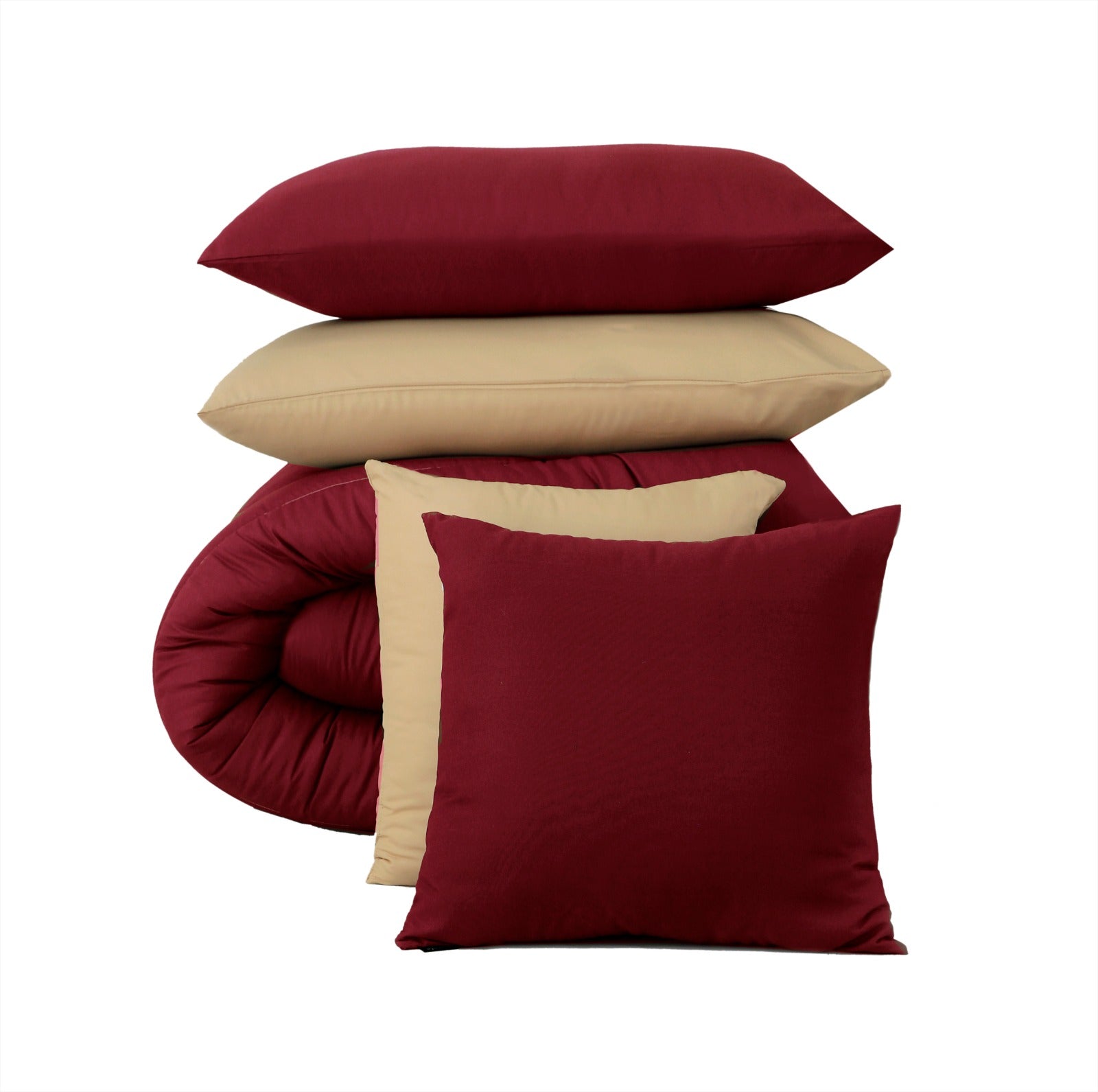 8 PCs Winter Comforter Set-Maroon Over Beige Comforters Apricot