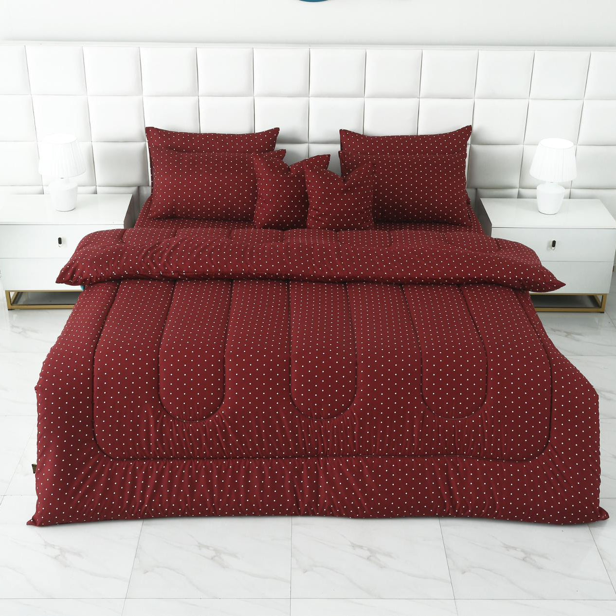 8 PCs Winter Razai Set-Plum Polka Comforters Apricot