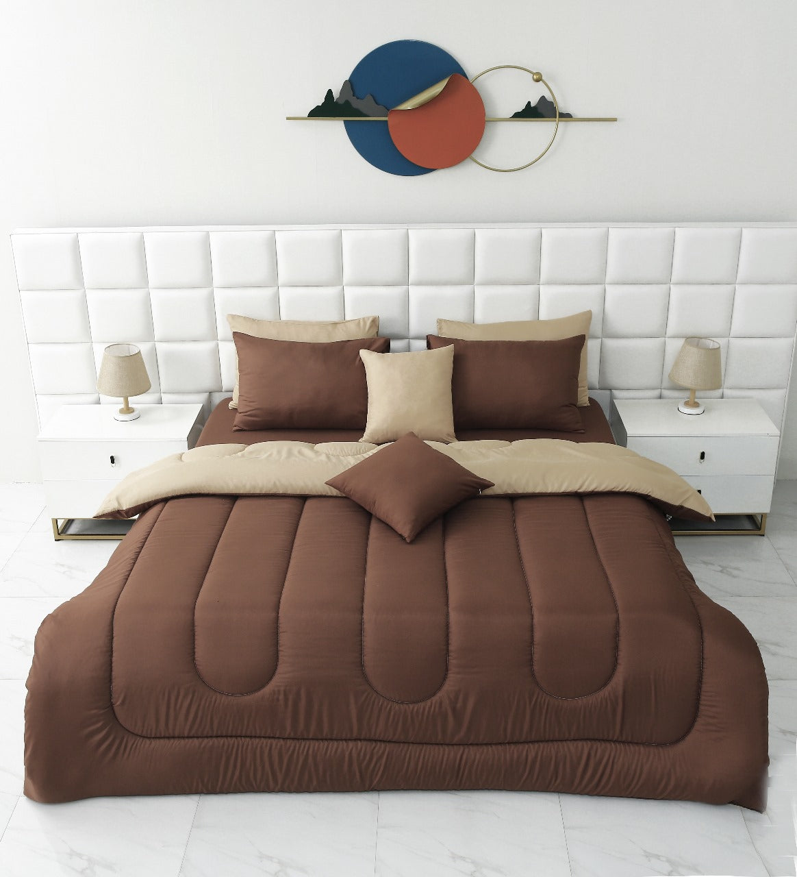 8 PCs Winter Comforter Set-Brown Over Beige Comforters Apricot