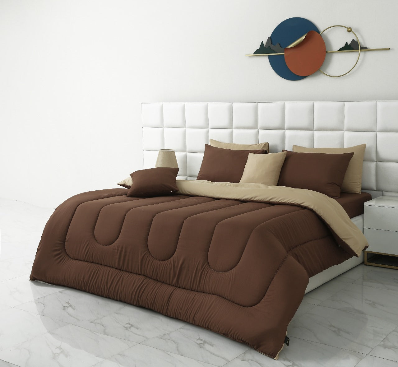 8 PCs Winter Comforter Set-Brown Over Beige Comforters Apricot