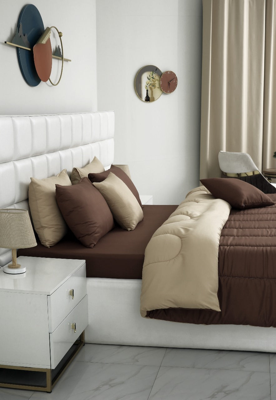 8 PCs Winter Comforter Set-Brown Over Beige Comforters Apricot