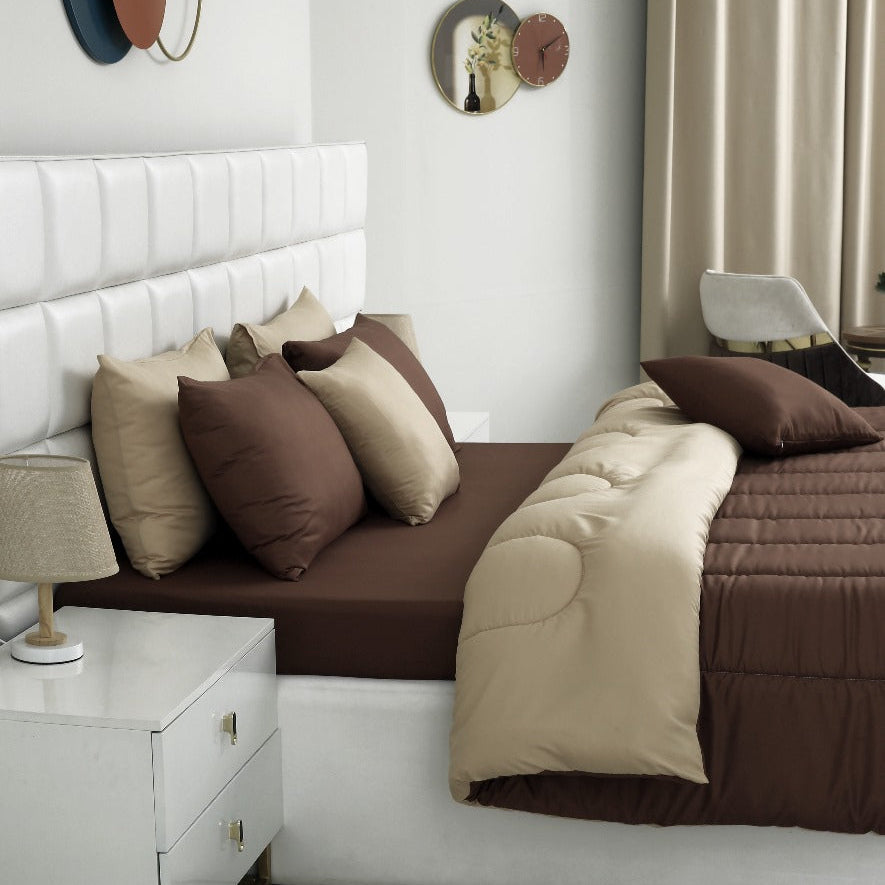5 PCs Single Comforter Set-Brown Over Beige Comforters Apricot