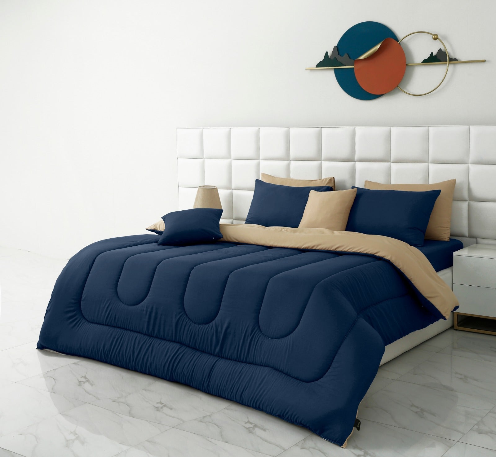 8 PCs Winter Comforter Set-Blue Over Beige Comforters Apricot