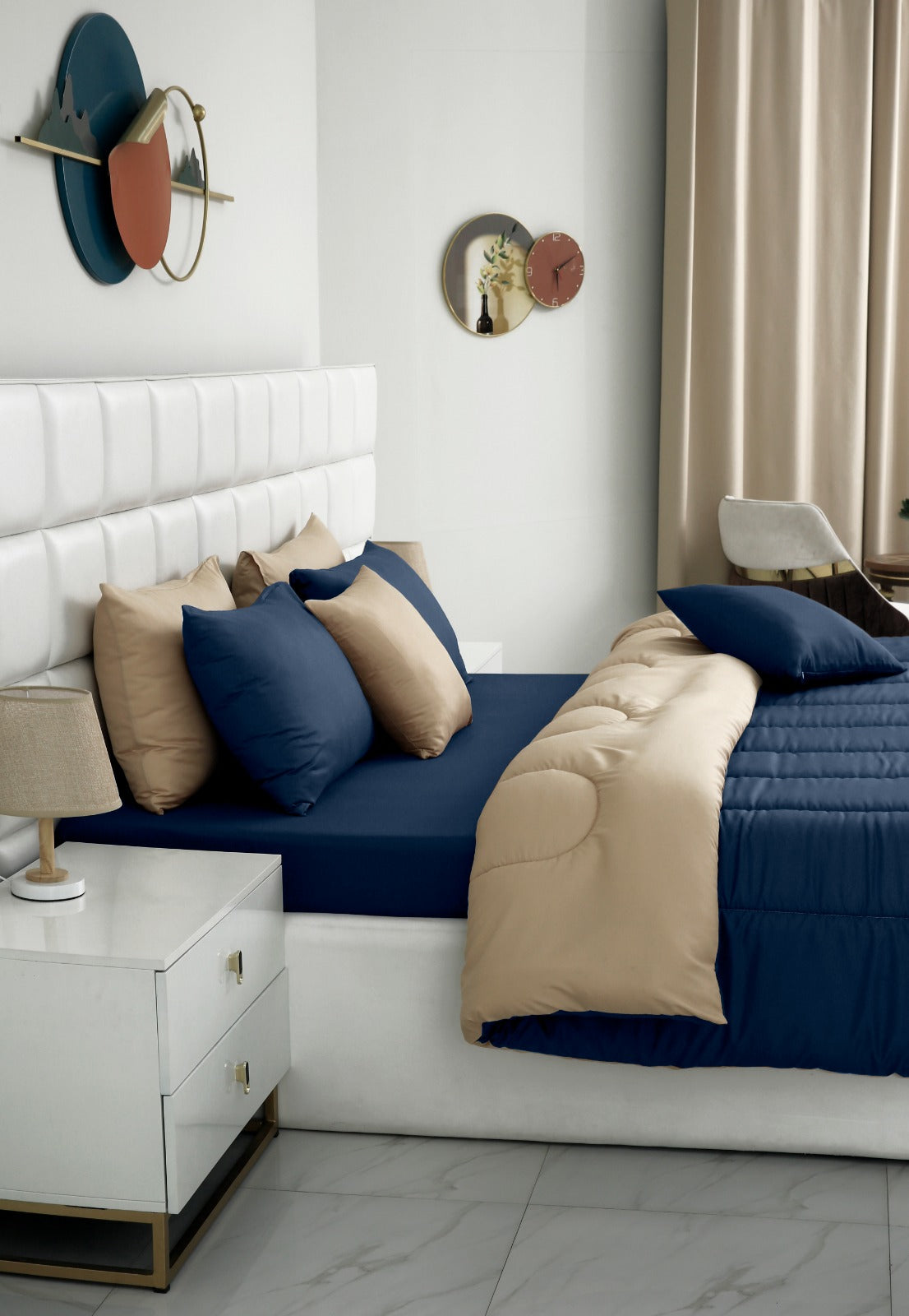 8 PCs Winter Comforter Set-Blue Over Beige Comforters Apricot