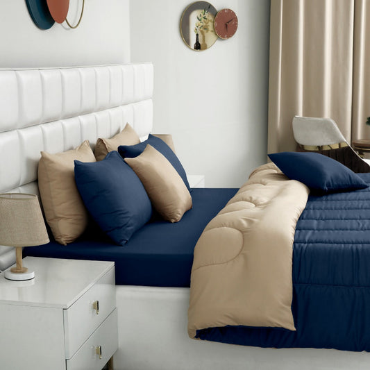 5 PCs Single Comforter Set-Blue Over Beige Comforters Apricot
