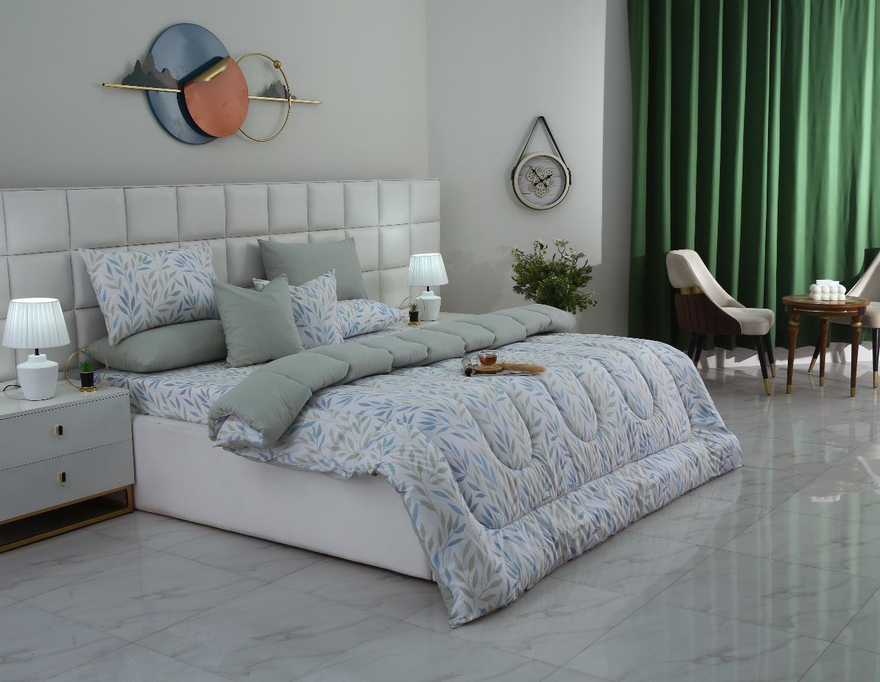 8 PCs Winter Comforter Set-Blue Leaves Comforters Apricot