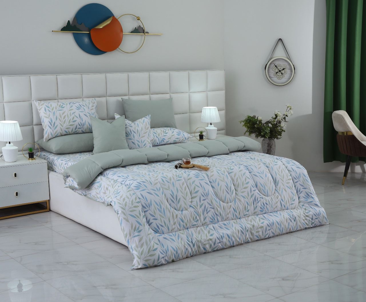 8 PCs Winter Comforter Set-Blue Leaves Comforters Apricot