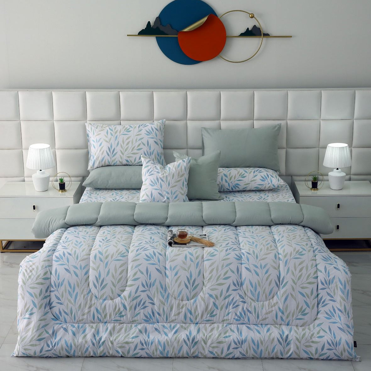 8 PCs Winter Comforter Set-Blue Leaves Comforters Apricot