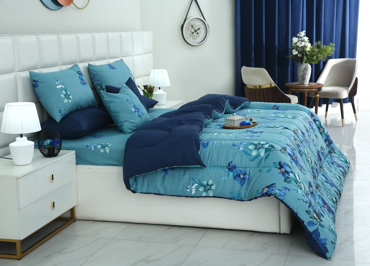 8 PCs Winter Razai Set-Azure Bloom Comforters Apricot