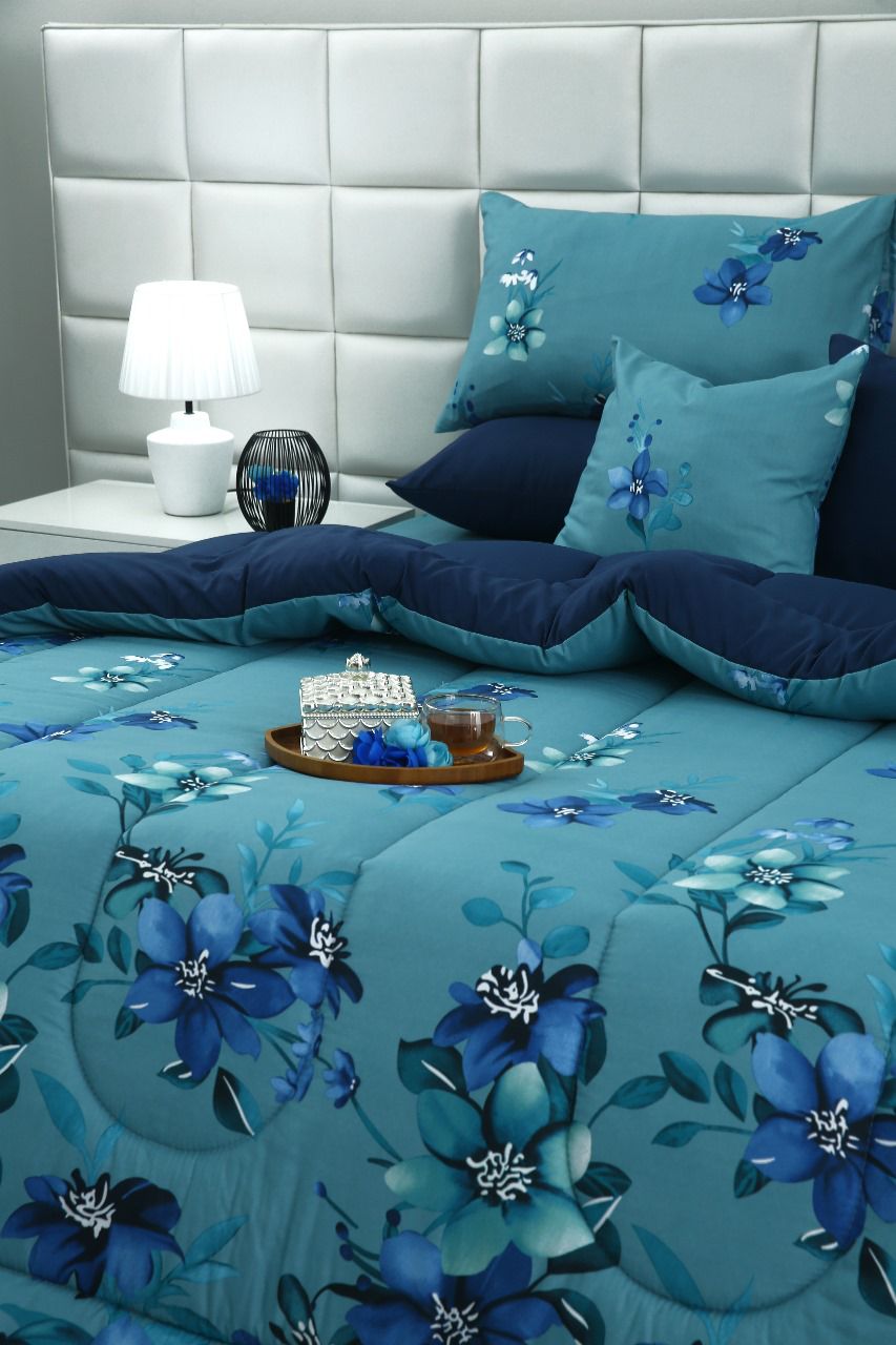 8 PCs Winter Razai Set-Azure Bloom Comforters Apricot