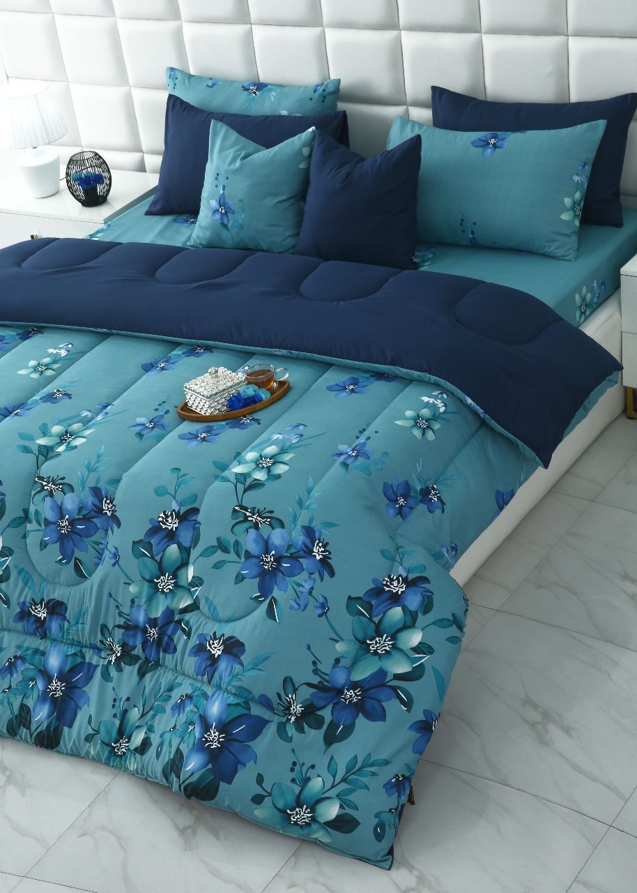 8 PCs Winter Razai Set-Azure Bloom Comforters Apricot