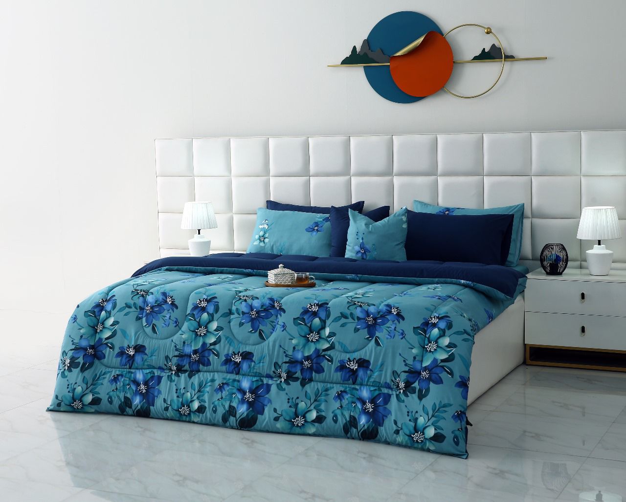 8 PCs Winter Razai Set-Azure Bloom Comforters Apricot