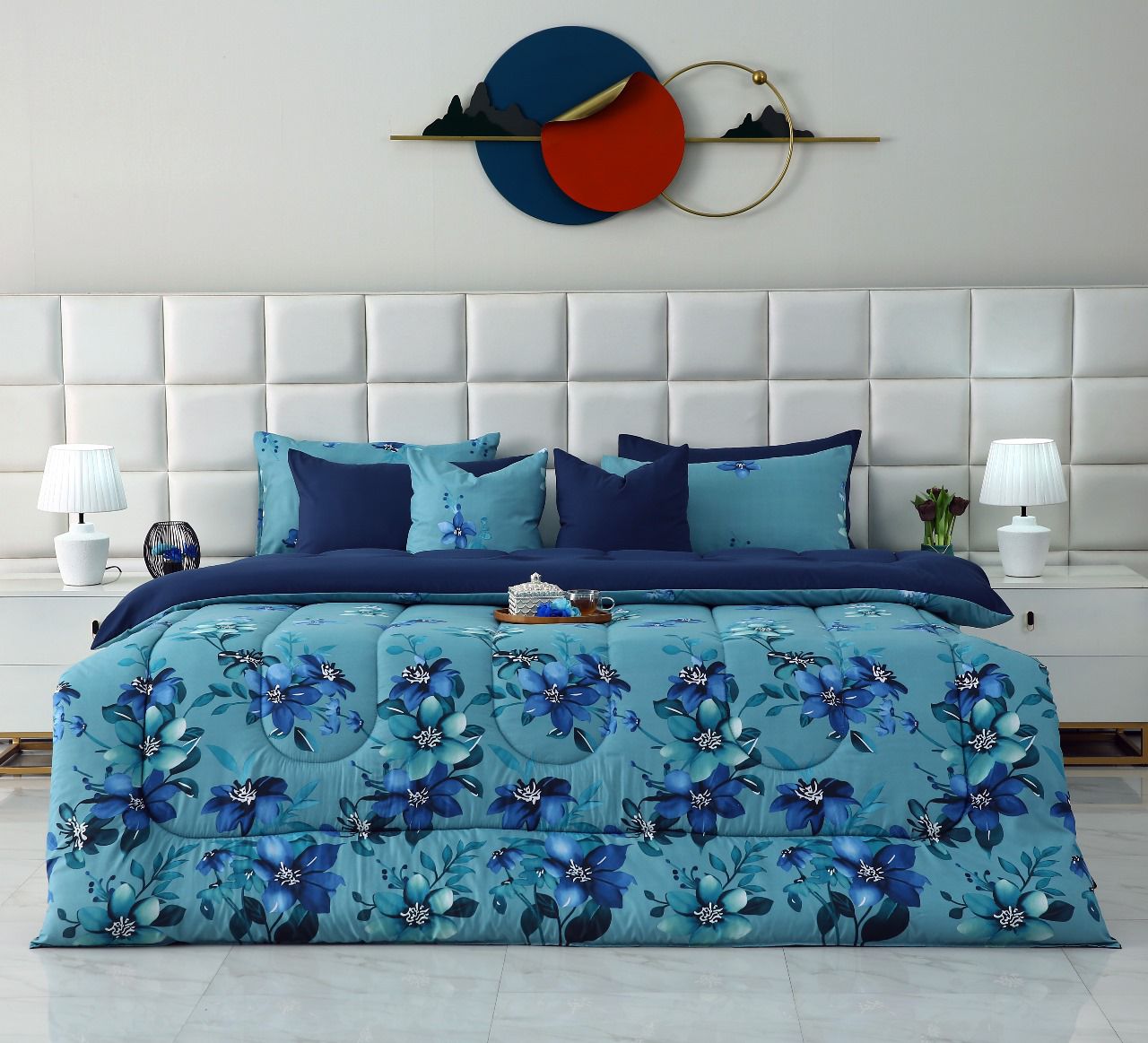 8 PCs Winter Razai Set-Azure Bloom Comforters Apricot