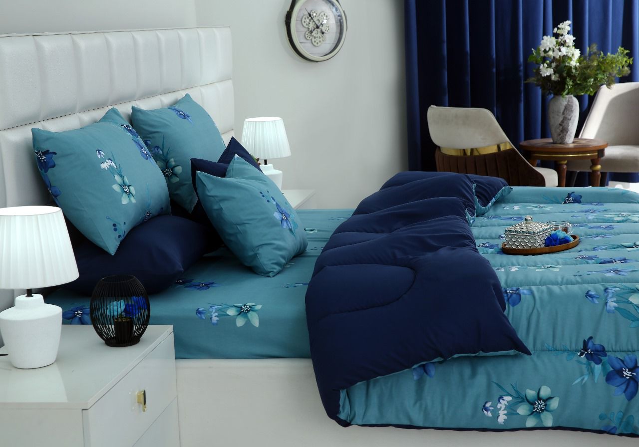 8 PCs Winter Razai Set-Azure Bloom Comforters Apricot