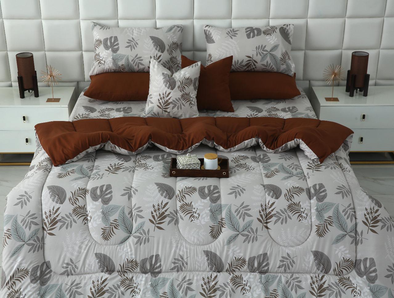 8 PCs Winter Razai Set-Leaf Style(With Brown Reverse) Comforters Apricot