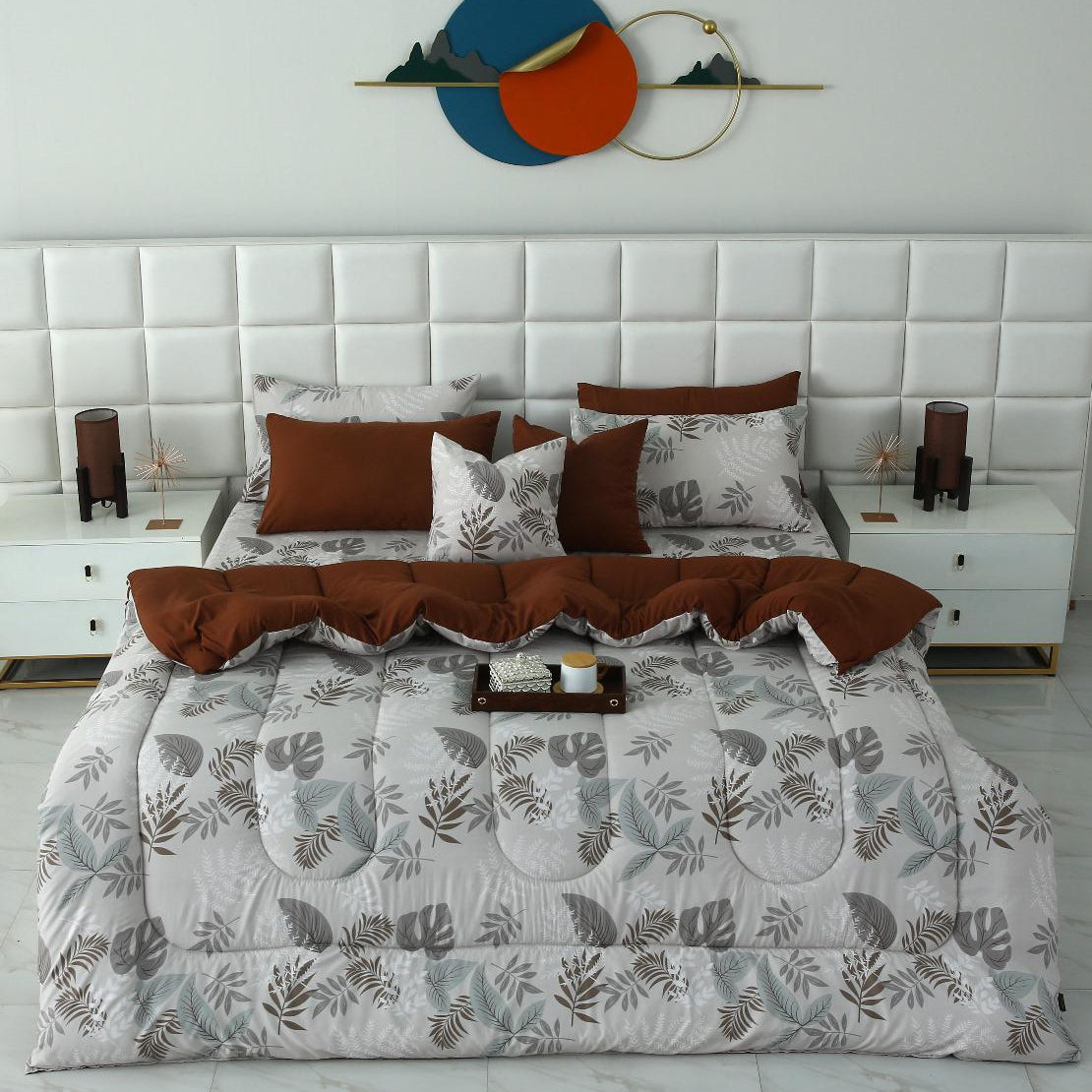 8 PCs Winter Razai Set-Leaf Style(With Brown Reverse) Comforters Apricot