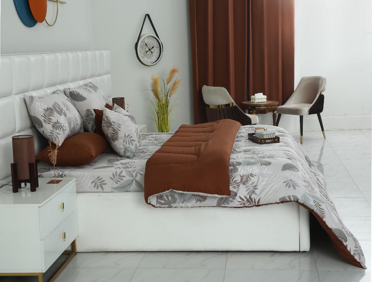 8 PCs Winter Razai Set-Leaf Style(With Brown Reverse) Comforters Apricot