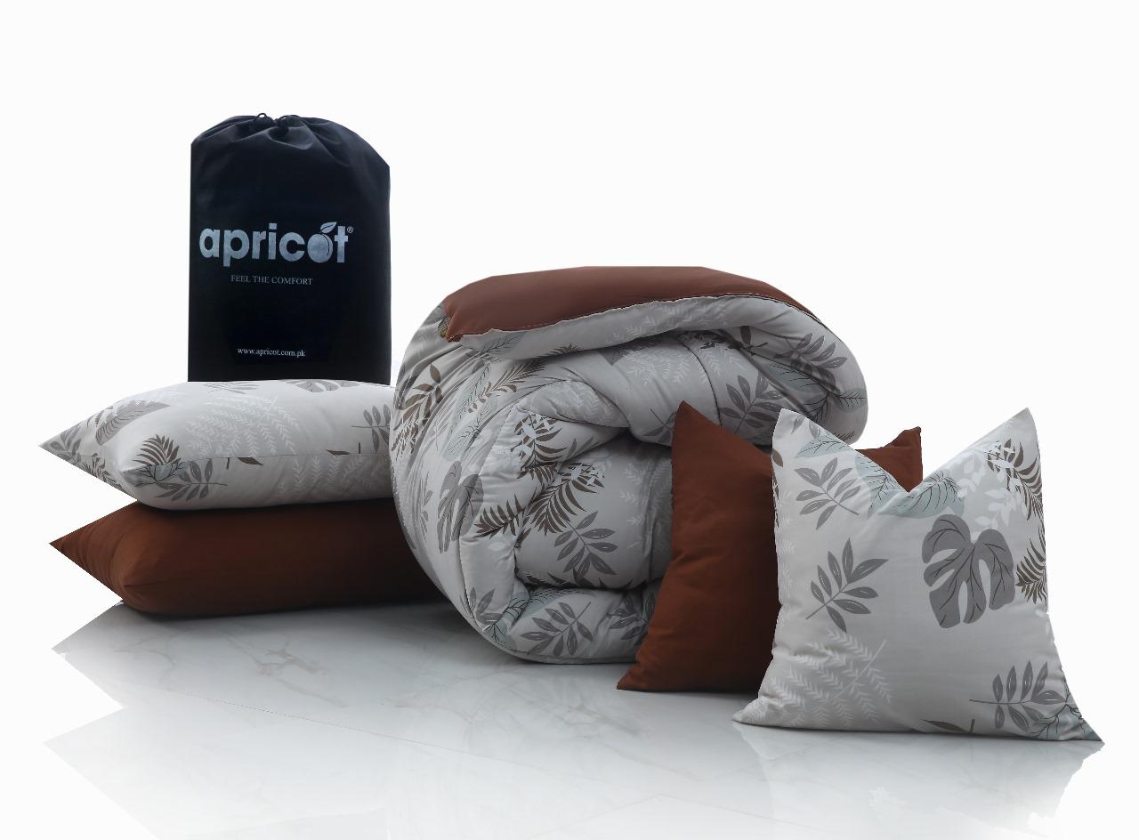 8 PCs Winter Razai Set-Leaf Style(With Brown Reverse) Comforters Apricot