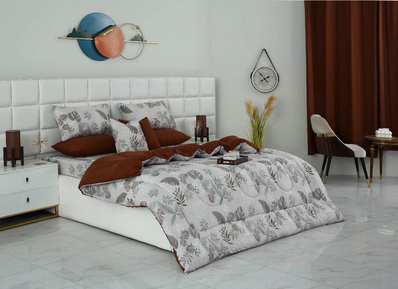 8 PCs Winter Razai Set-Leaf Style(With Brown Reverse) Comforters Apricot