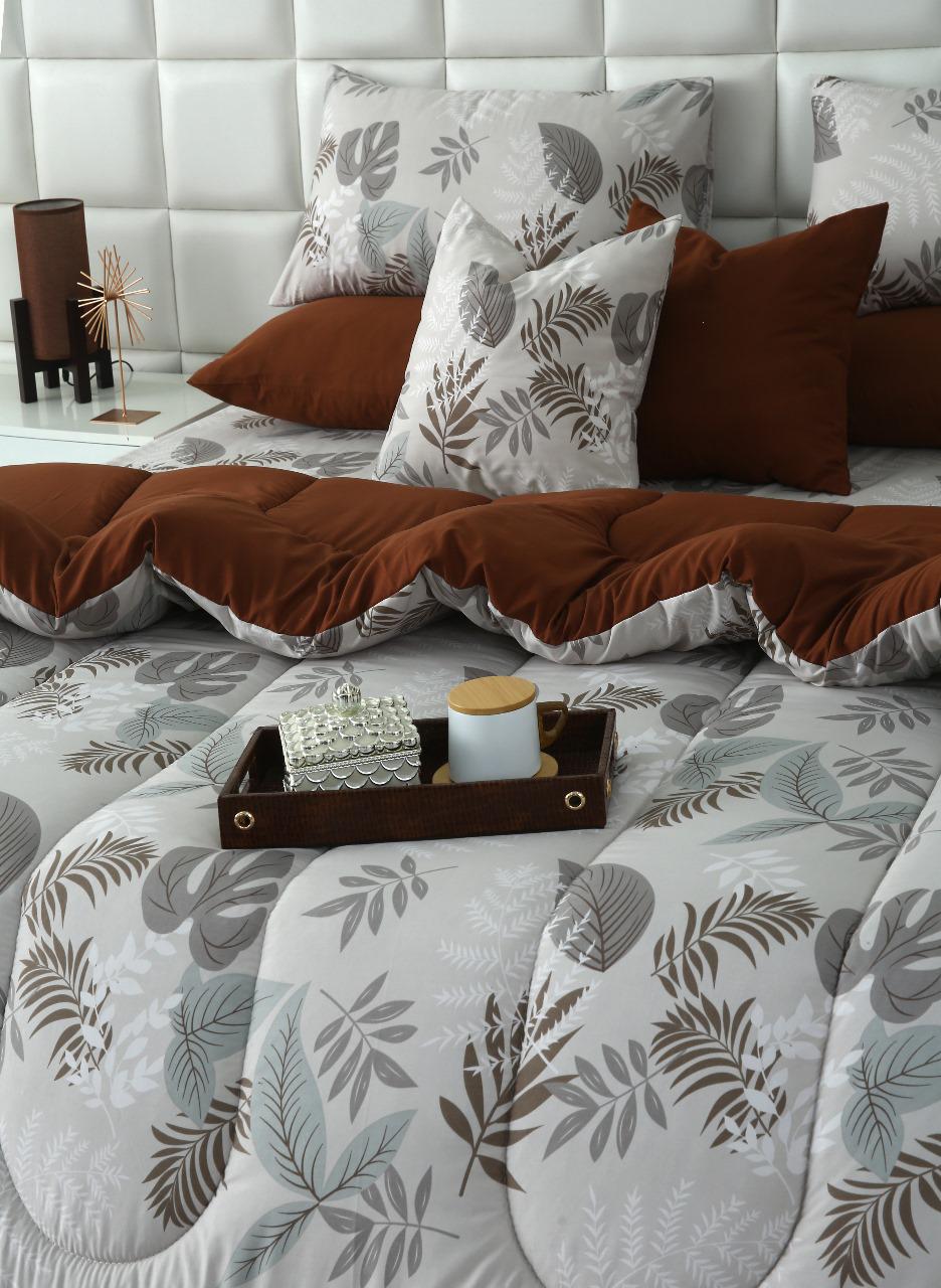 8 PCs Winter Razai Set-Leaf Style(With Brown Reverse) Comforters Apricot