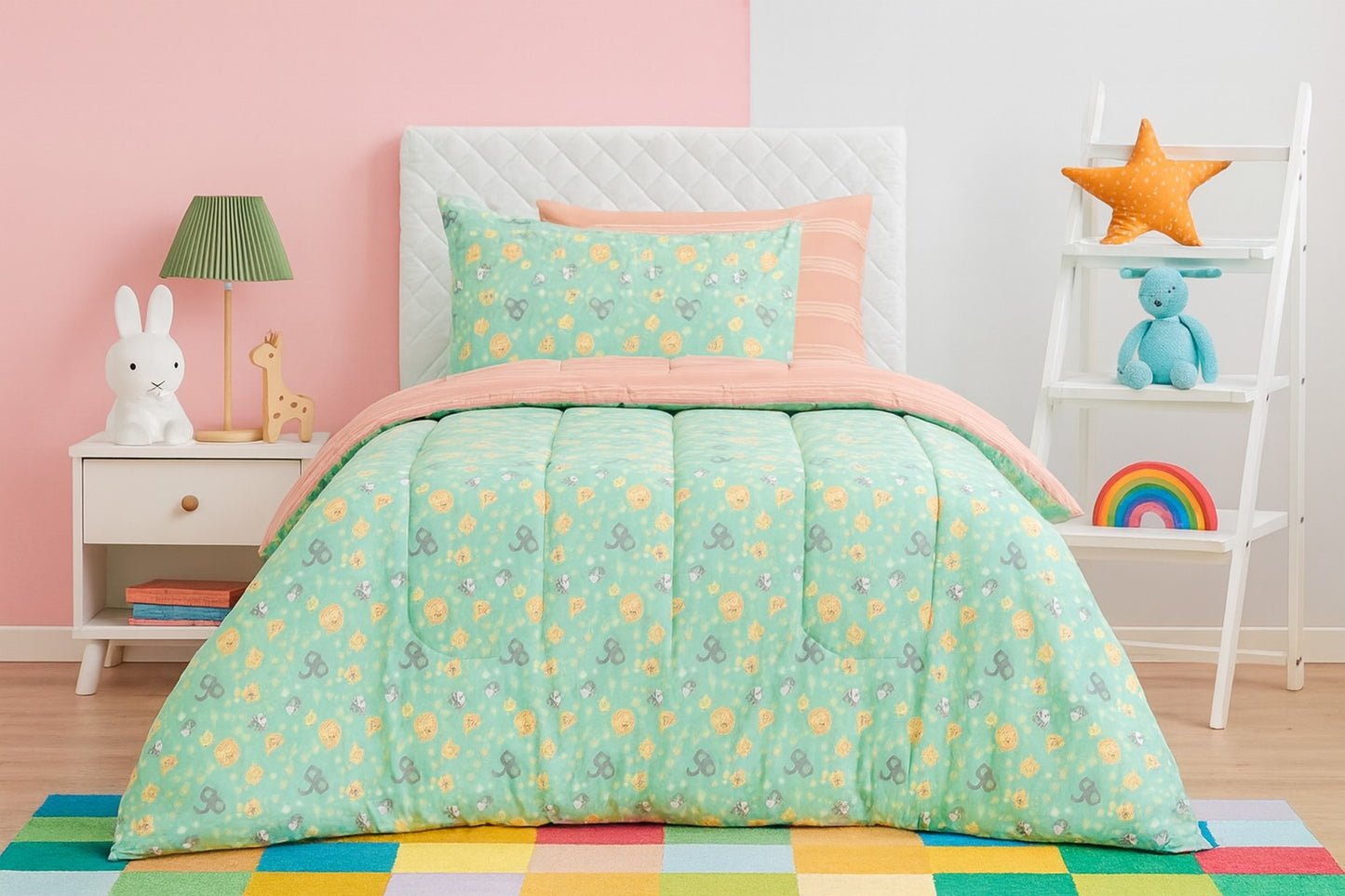 5 PCs Single Kids Razai Set-Mini Elephant Comforters Apricot