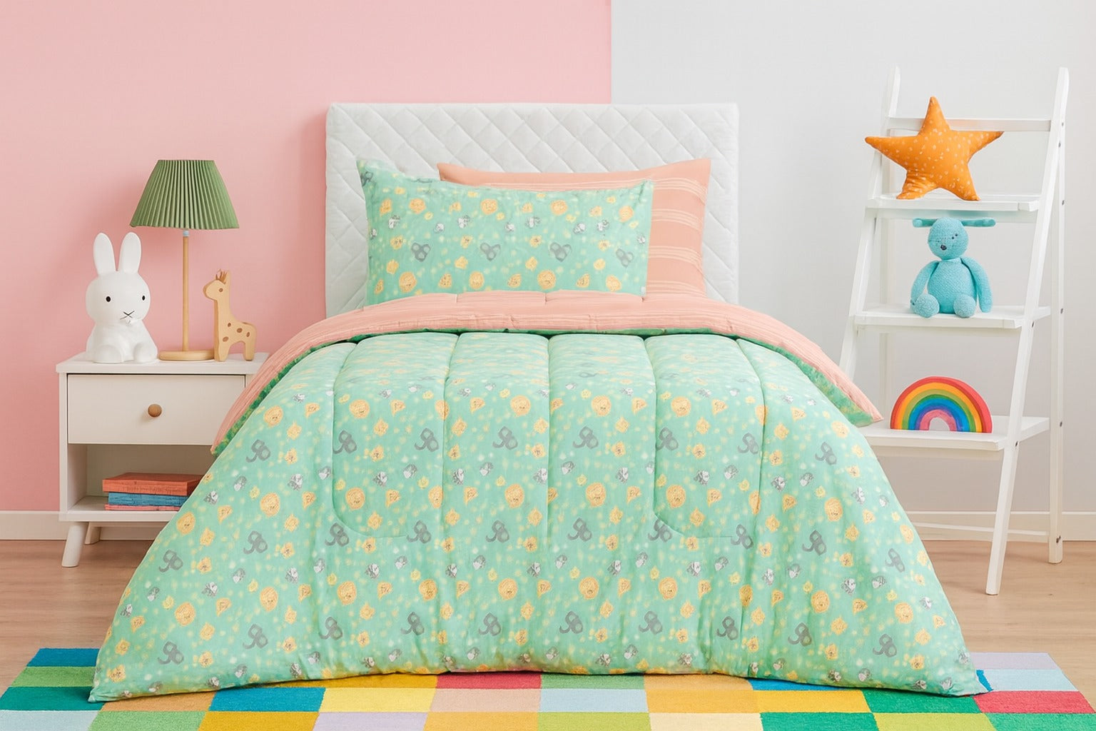 5 PCs Single Kids Razai Set-Mini Elephant Comforters Apricot