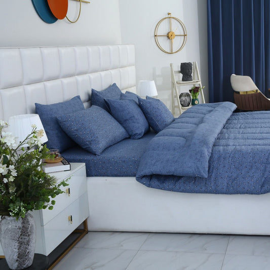 5 PCs Single Comforter Set-Raincloud Blue Feathers Comforters Apricot