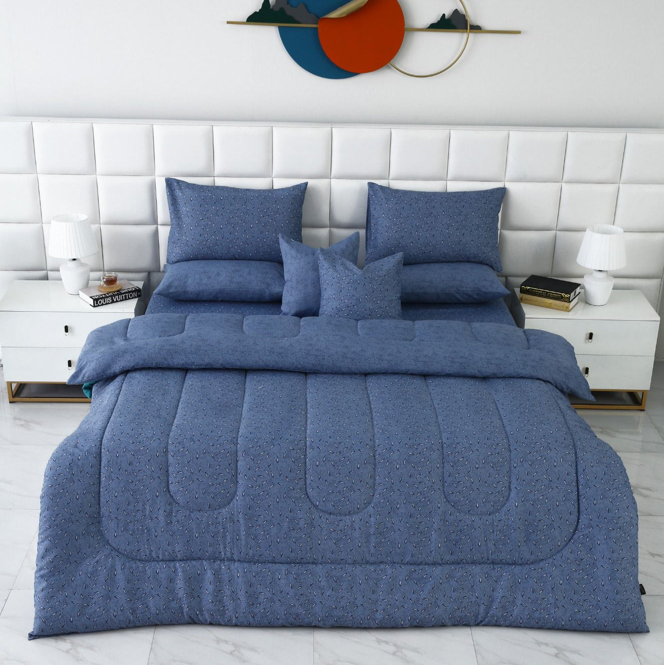 8 PCs Winter Comforter Set-Raincloud Blue Feathers Comforters Apricot