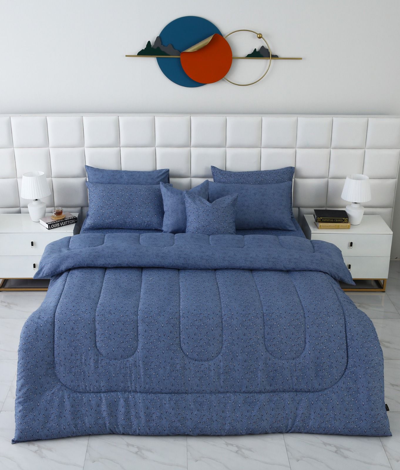 8 PCs Winter Comforter Set-Raincloud Blue Feathers Comforters Apricot