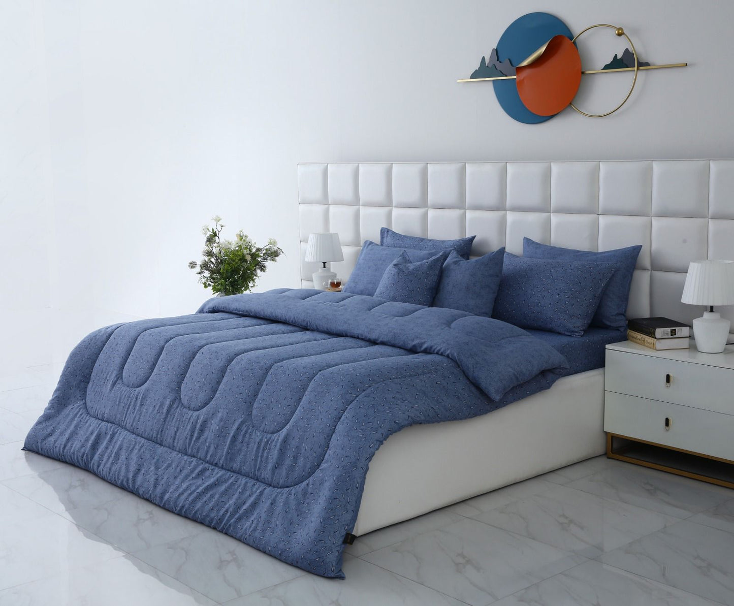 8 PCs Winter Comforter Set-Raincloud Blue Feathers Comforters Apricot
