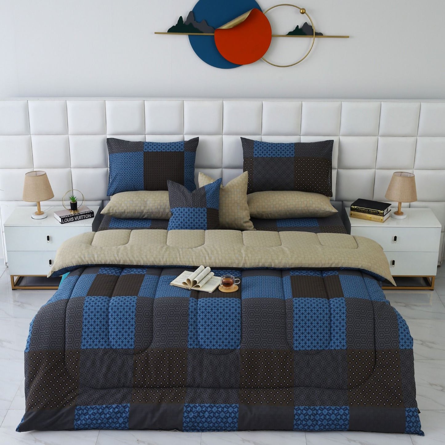 8 PCs Winter Comforter Set-Indigo Patchwork Comforters Apricot