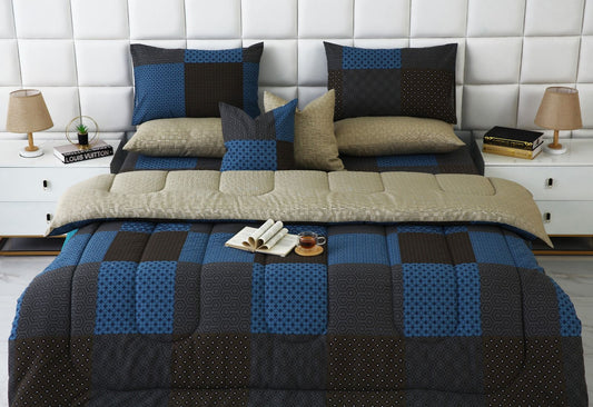 8 PCs Winter Comforter Set-Indigo Patchwork Comforters Apricot