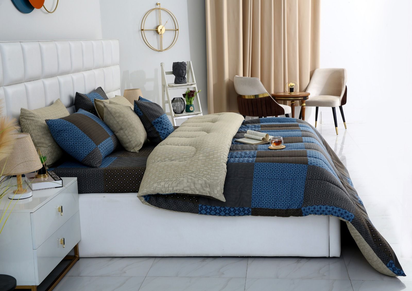 8 PCs Winter Comforter Set-Indigo Patchwork Comforters Apricot