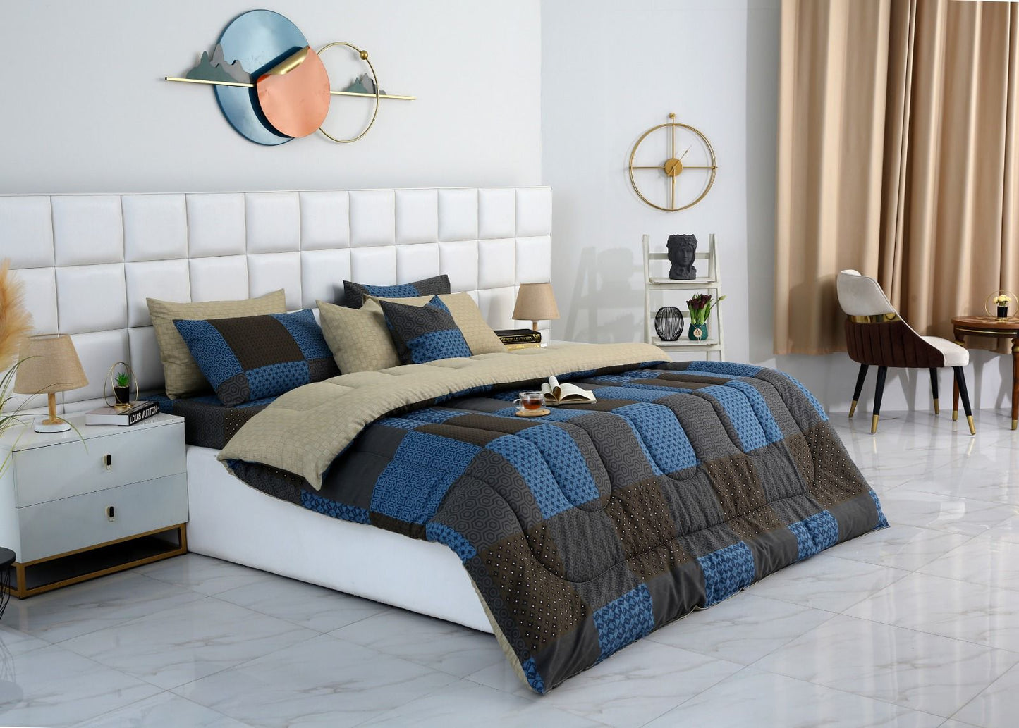 8 PCs Winter Comforter Set-Indigo Patchwork Comforters Apricot