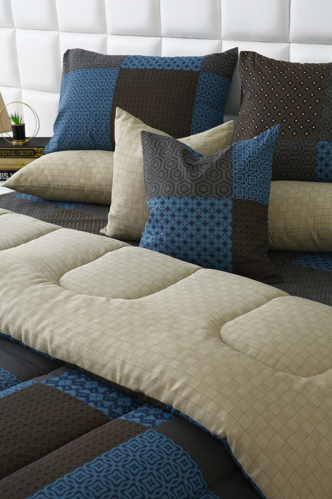 5 PCs Single Comforter Set-Indigo Patchwork Comforters Apricot