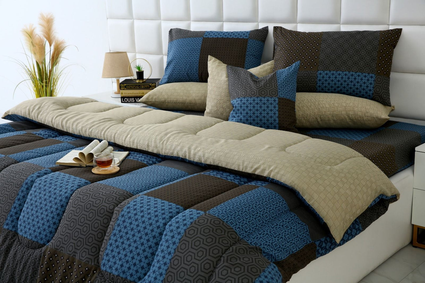 8 PCs Winter Comforter Set-Indigo Patchwork Comforters Apricot
