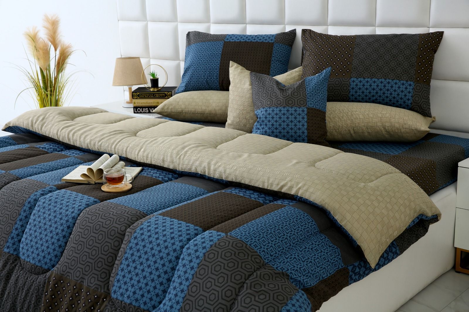 8 PCs Winter Comforter Set-Indigo Patchwork Comforters Apricot
