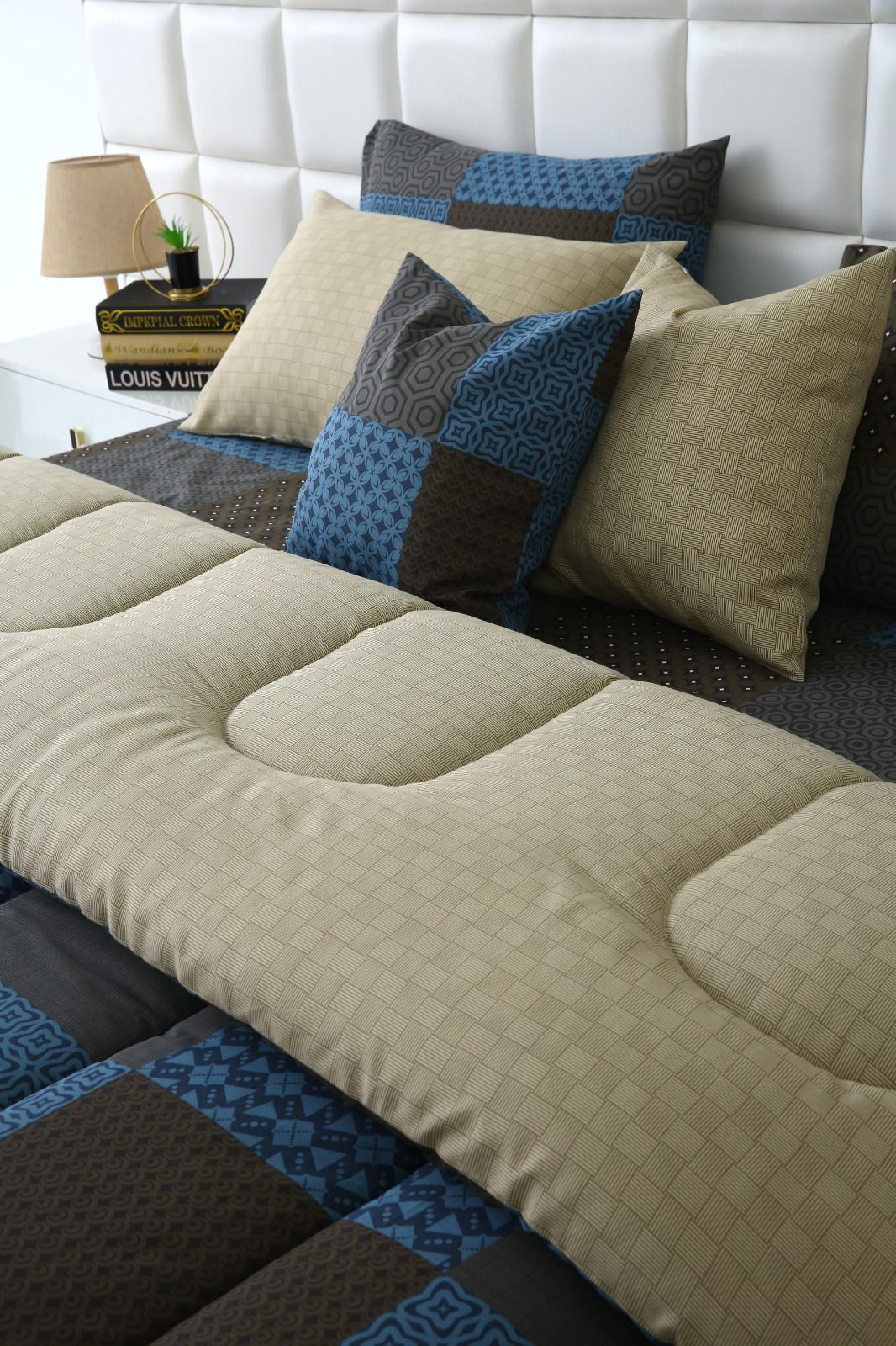 8 PCs Winter Comforter Set-Indigo Patchwork Comforters Apricot