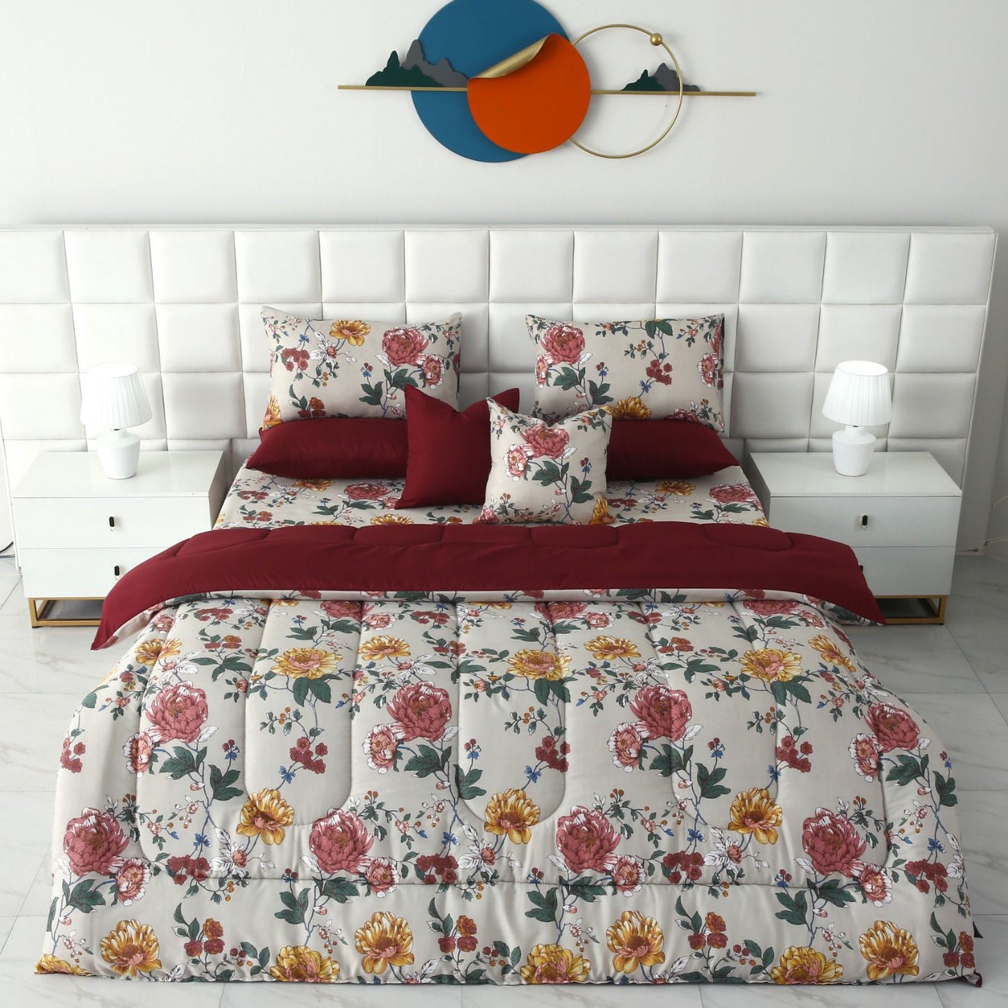 8 PCs Winter Razai Set-Vintage Garden Comforters Apricot