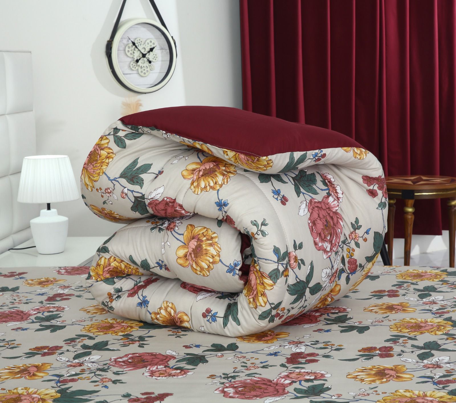 8 PCs Winter Razai Set-Vintage Garden Comforters Apricot