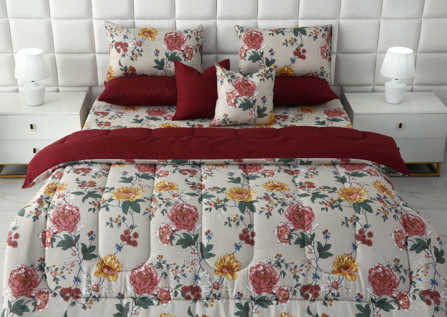 8 PCs Winter Razai Set-Vintage Garden Comforters Apricot