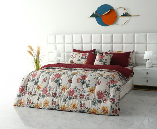 8 PCs Winter Razai Set-Vintage Garden Comforters Apricot