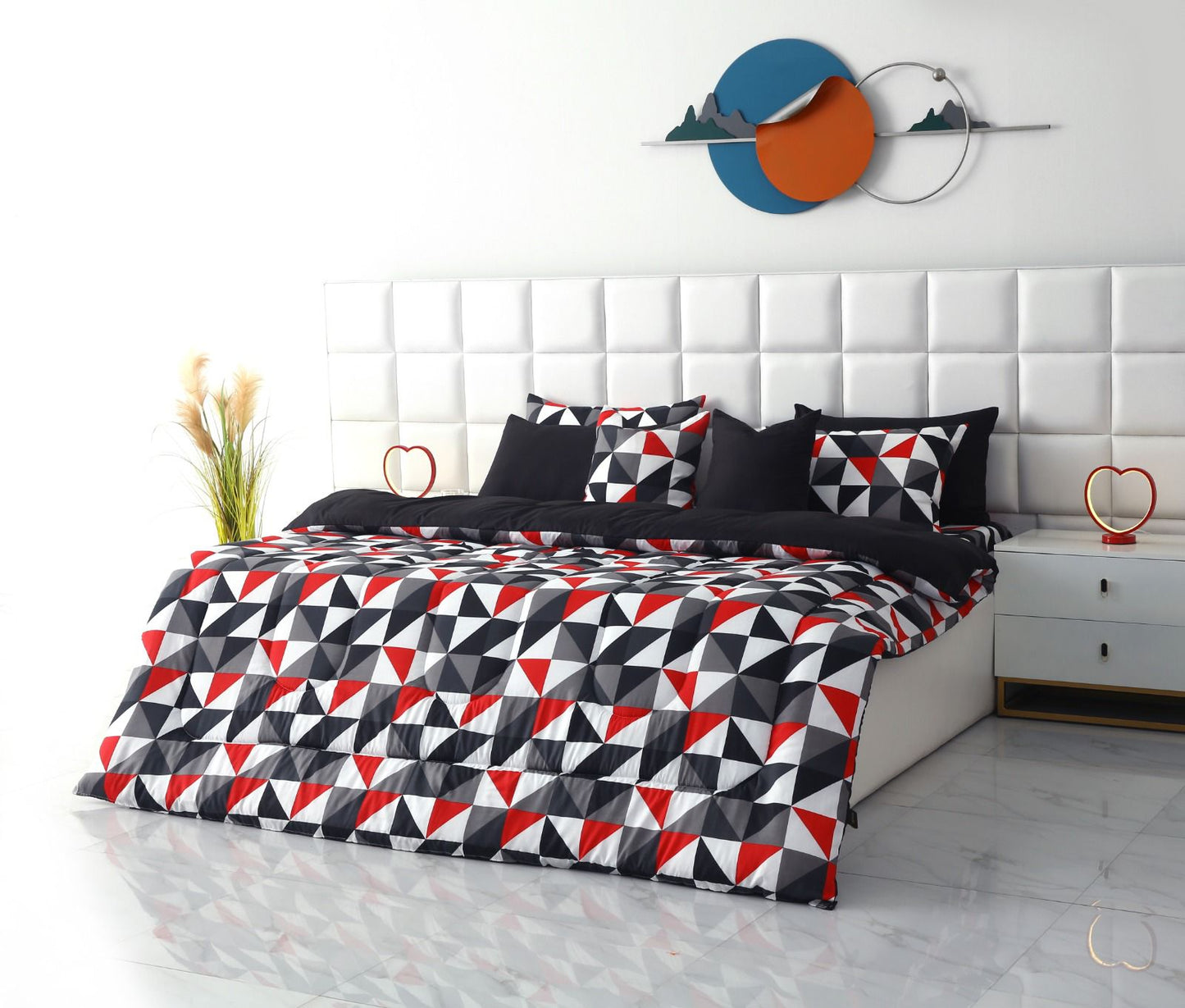 8 PCs Winter Razai Set-Abstract Geometric(With Black Reverse) Comforters Apricot