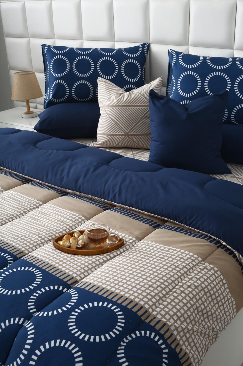 8 PCs Winter Razai Set-Starry Nights(With Blue Reverse) Comforters Apricot