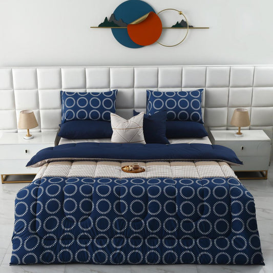 8 PCs Winter Razai Set-Starry Nights(With Blue Reverse) Comforters Apricot