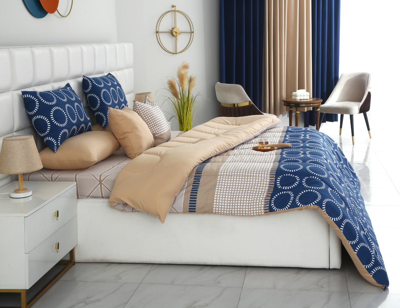 8 PCs Winter Razai Set-Starry Nights(With Beige Reverse) Comforters Apricot