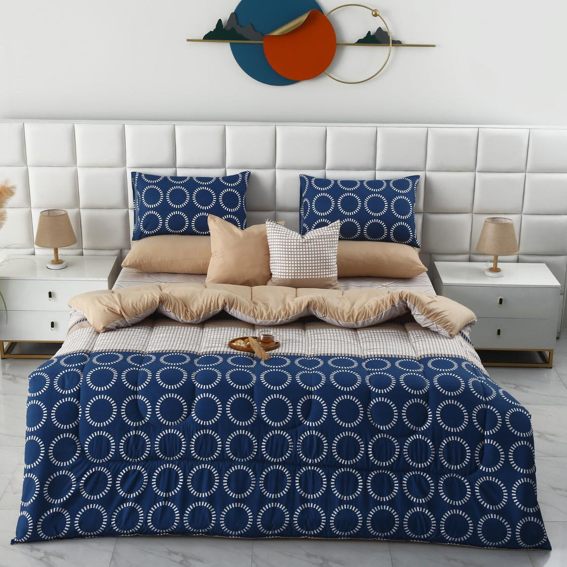 8 PCs Winter Razai Set-Starry Nights(With Beige Reverse) Comforters Apricot