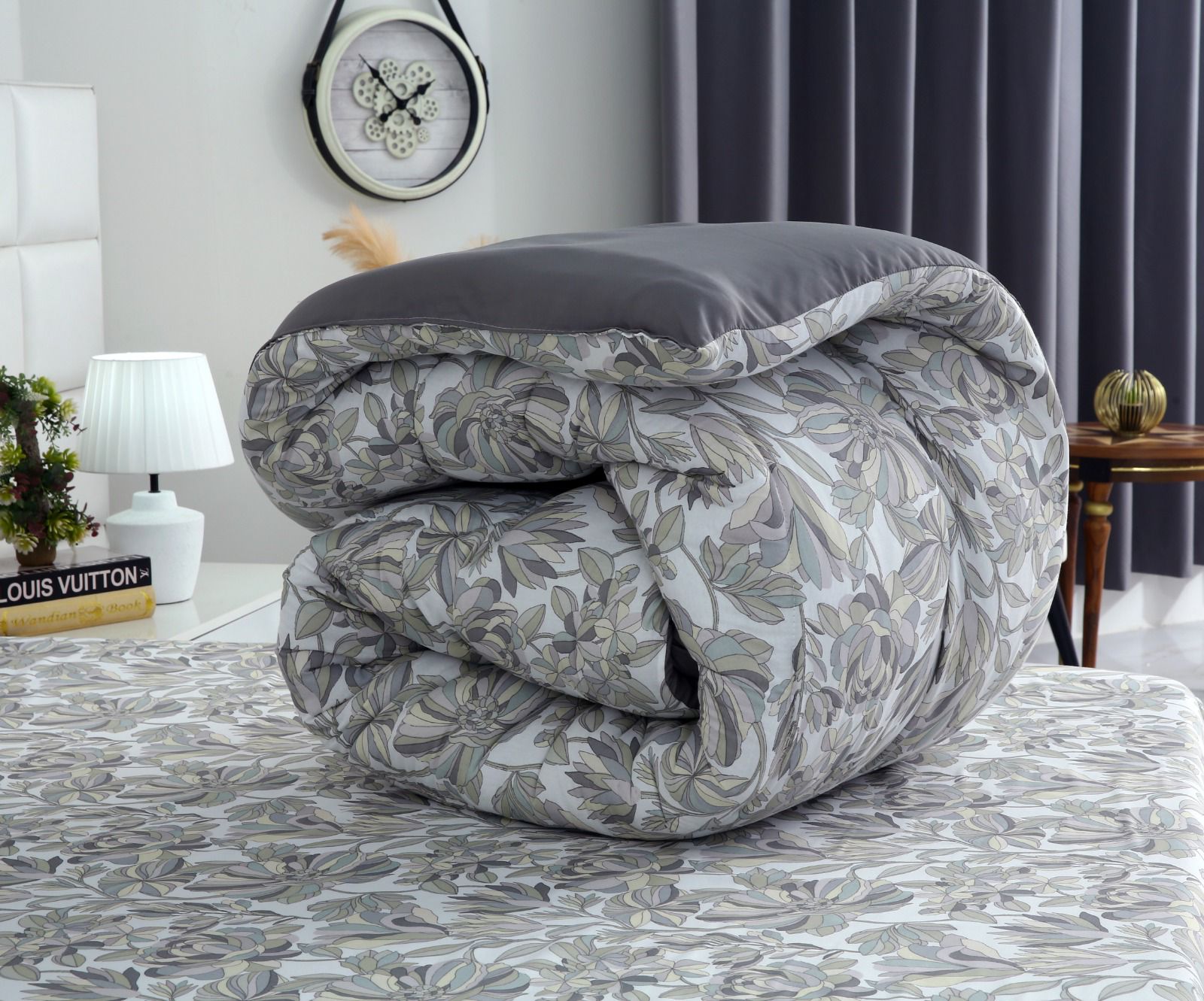 8 PCs Winter Razai Set-Buds Floral(With Pastel Grey Reverse) Comforters Apricot